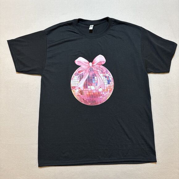 JERZEES Tops - Pink Disco Ball W/bow Black T Shirt Sz L Women‎